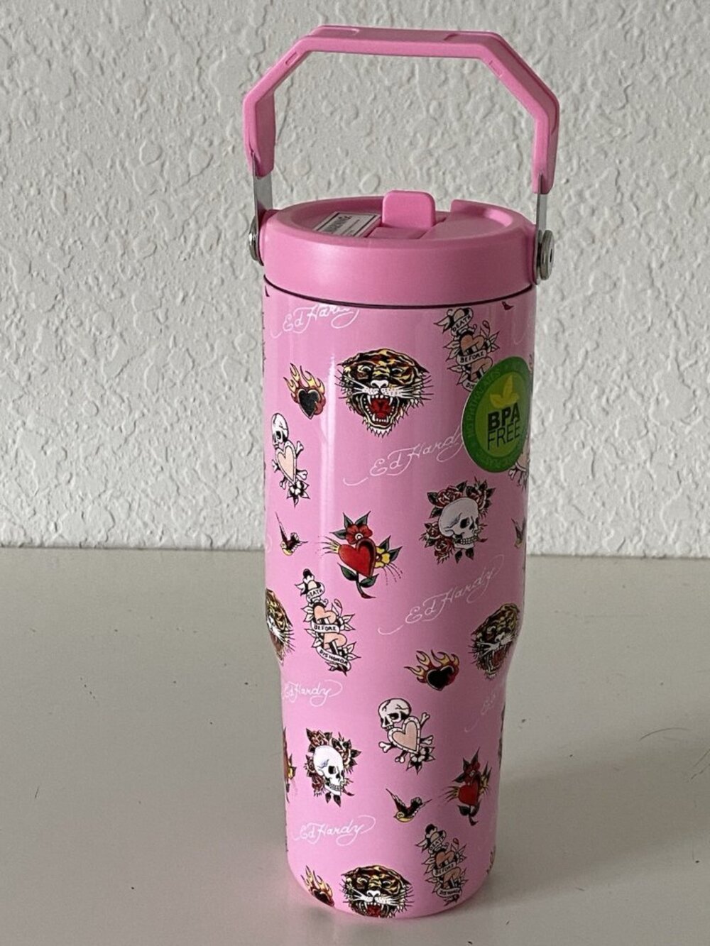 Ed Hardy Skull Roses Hearts Tiger Tumbler Straw W/Handle 30 Oz Stainless Steel